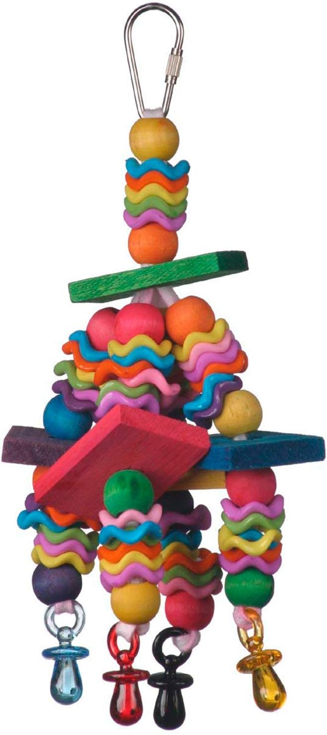 Super Bird Creations SB736 Wiggles and Wafers Bird Toy - Interactive Enrichment for Parrots, Quakers, Caiques, Pionus, Senegals - Wooden, Acrylic Beads, Pacifiers - Medium Bird Size, 3” x 5” x 9”