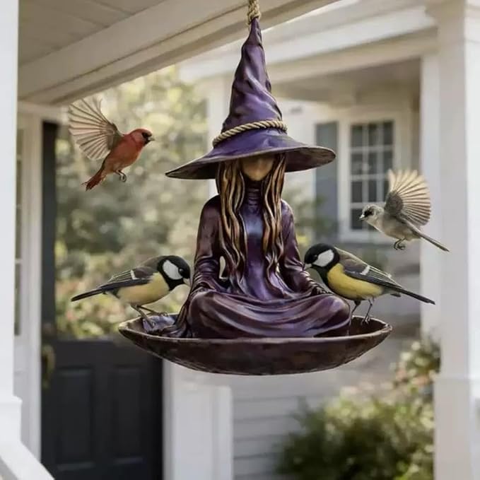 Meditating Witch Garden Bird Feeder,Creative Purple Resin Witch Hat Hanging Feeder,Witchs Garden Bird Feeders for Outdoors,Resin Birdfeeder Statue with Rope Hanger for Patio Backyard Lawn GardenDecor