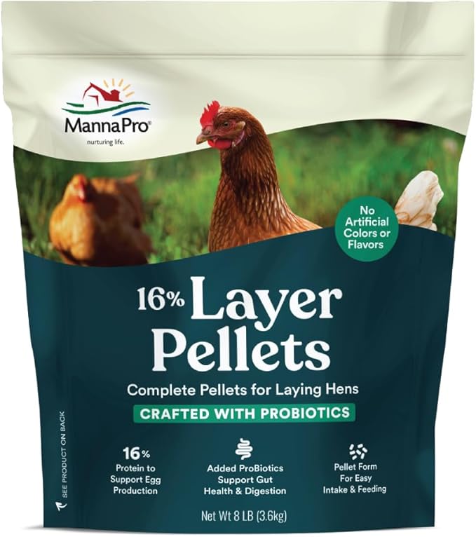 Manna Pro Layer Pellets Chicken Feed, 16% Protein Complete Feed for Laying Hens with Probiotics for Digestive Health, Nutrient-Rich Chicken Food Pellets for Egg Production, Made in USA, 8 lb Bag
