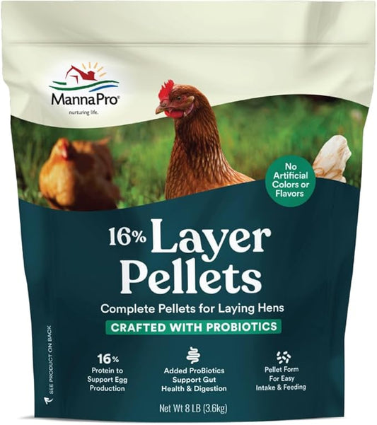 Manna Pro Layer Pellets Chicken Feed, 16% Protein Complete Feed for Laying Hens with Probiotics for Digestive Health, Nutrient-Rich Chicken Food Pellets for Egg Production, Made in USA, 8 lb Bag