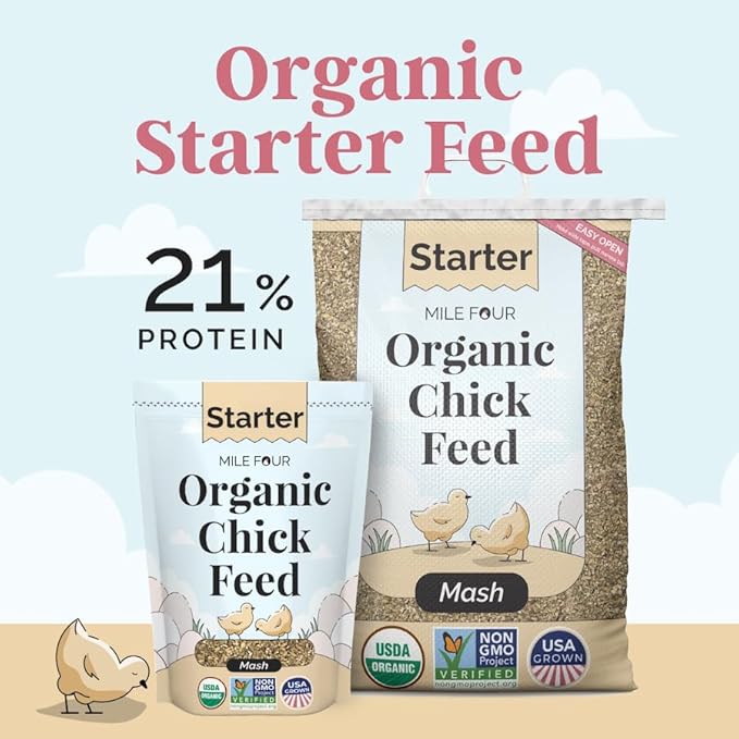 Mile Four Organic Chicken Feed (23 lbs) Starter Chick Mash, Non-GMO, USA Grown, 21% Protein, Corn-Free, Soy-Free, Non-Medicated Chick Feed