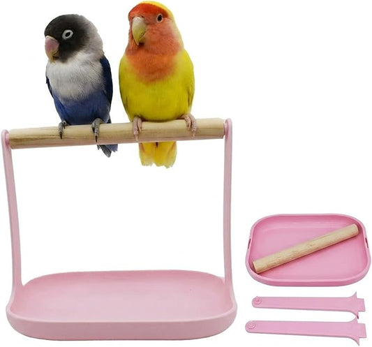 LUOZZY 2Pcs Bird Training Stand Wooden Birds Stand Toys Tabletop Perch Shelf Training Playground for Parakeets Conures Lovebirds Cockatiels, Pink