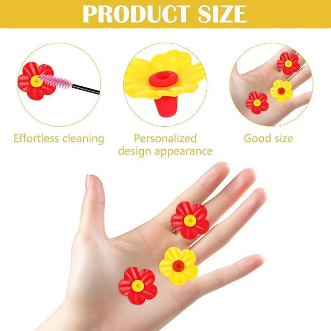 20 Pieces Hummingbird Feeders Replacement Flowers - Hummingbird Feeder P with 2 Cleaning Brush, Bird Feeder Replacement Feeding Ports for Outdoors Hanging Feeder, Yellow+Red