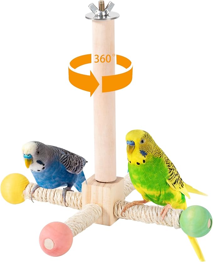 FrgKbTm Rotating Bird Perches Toy, Interactive Spinning Parrot Parakeet Toys, Wooden Exercise Stand Bird Cage Accessories for Budgies,Cockatiels,Small Birds