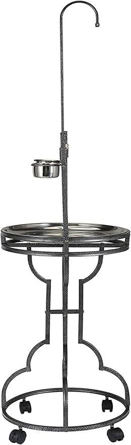 Elegant Design Wrought Iron Parrot Cockatiel Cockatoo Bird Play Perch Gym Ground Rolling Stand with Removable No Rust Stainless Steel Pan and Feeder Cups