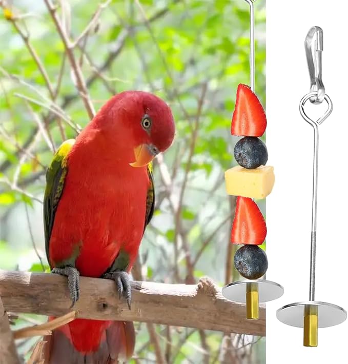 2 Pcs Stainless Steel Bird Skewer Feeder - 6.63"/8.58" Dual-Size Parrot Fruit & Veggie Holder with Chain Durable Foraging Toy for Budgies Parakeets Cockatiels (Chicken & Pet Bird Safe)