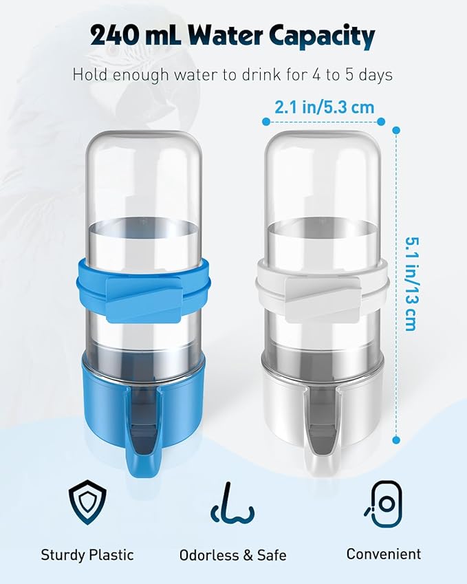 Pawfly 4 Pcs Bird Water Dispenser, Cage Accessories for Parrot & Hamster, Bird Feeder for Cage, White & Blue Waterer for Small Parakeet Cockatiel Budgie Lovebirds