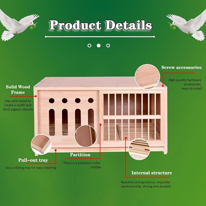 Large Pigeon Cage, Solid Wood Sliding Door Bird Cage, Light-Proof Door Outdoor Pigeon Nest Box, Removable Tray(23.6IN*2)