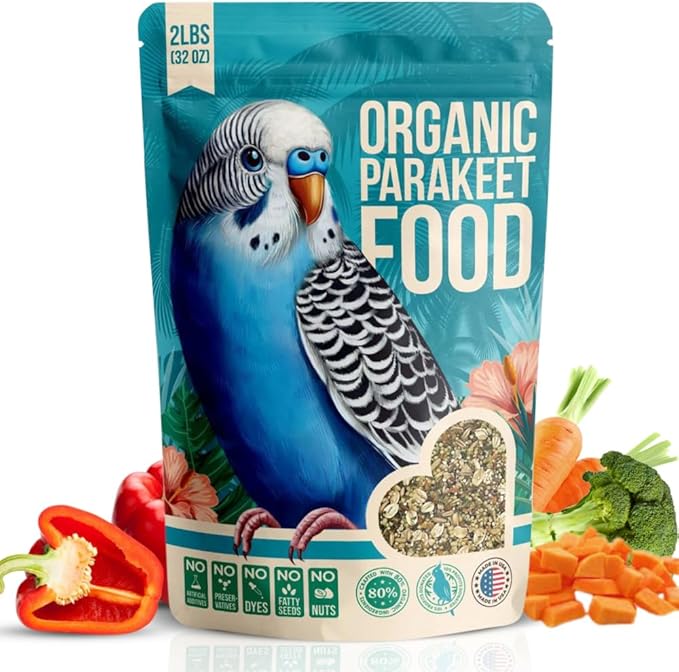 Organic Parakeet Food - No Fillers, Fatty Seeds, or Dyes - Budgies, Lovebirds & Parrotlets - Premium Human Grade Seed Mix, Grain & Wholesome Veggies – Made in USA (2 lbs)