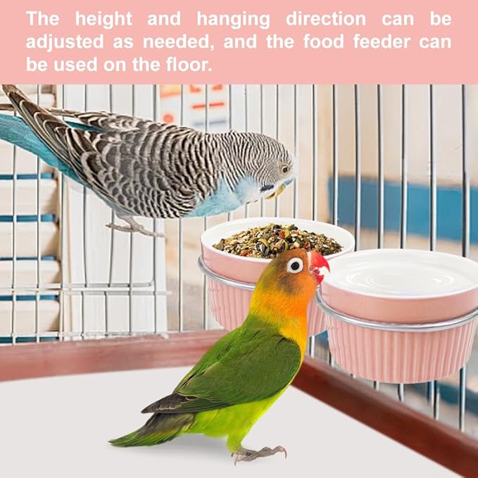 Bird Cage Feeder Parrot Food Cage Bowl Clamp Holder Coop Cup, Ceramic Bird Cage Water Bowl, Pet Feeder Cage for Parakeet African Greys Conure Cockatiels Lovebird Budgie Chinchilla-Pink