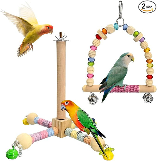 2 Pcs Parakeet Toys with 9 Inch Hanging Perch & 7.8 Inch Wooden Swing,Wooden Bird Cage Accessories to Relieve Boredom and Anxiety,Excellent for Parrots, Budgies, Cockatiels and Other Pet Birds