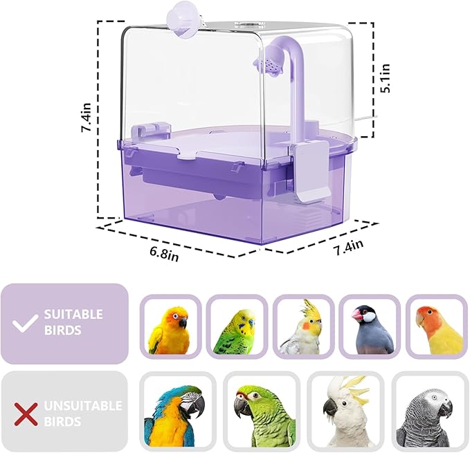 Automatic Bird Baths for Cage – Indoor Parakeet Bath with Pump, Bird Shower with 2 Modes Running Water, Bird Cage Accessory for Pet Birds Conure Budgies Cockatiels Lovebird (Purple)