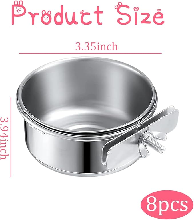 8 Pcs Stainless Steel Bird Food & Water Bowls with Clamp Holder - Hanging Bird Cage Feeding Dishes, Pet Feeders for Cockatiel, Conure, Budgie, Parakeet, Macaw & Small Animals