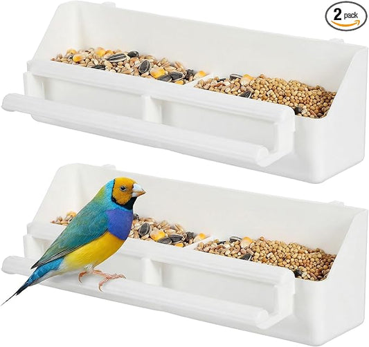 Grevosea Bird Feeder for Cage, 2 Pack No Mess Bird Feeders Plastic Hanging Parakeet Feeder with Hooks for Small Parrots Budgerigar Cockatiel Canary Parakeet Cage Accessories (White)