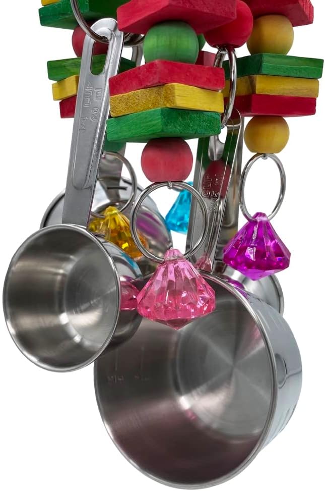 Large Parrot Toy, Multicolored Natural Wooden Strings and Stainless Steel Cups Bird Chewing Toys for Medium and Large Parrot Macaws African Grey Cockatoos Eclectus