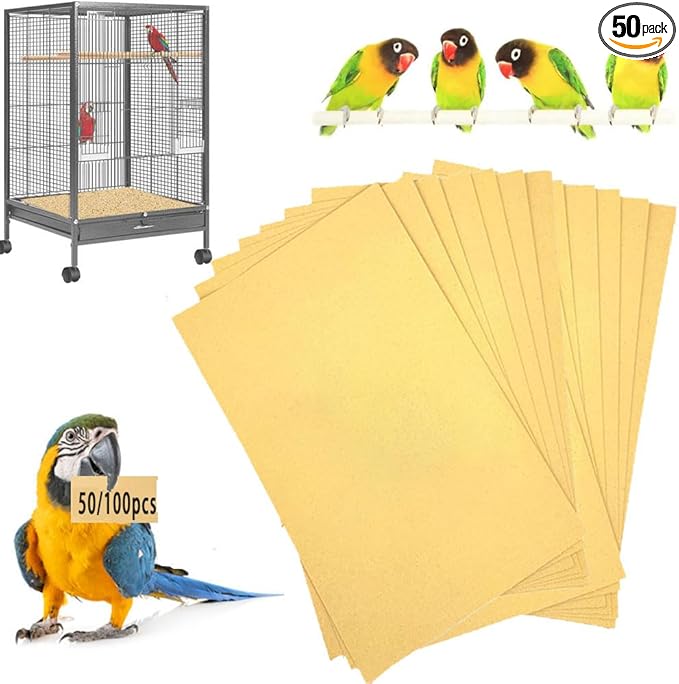 Bird Cage Liner 50-Pack 17” x 11” Gravel Paper Cuttable Pet Sandpaper Special for Bird Cage in Sea Sand, Easy Clean Pet Sandpaper Calcium Paper for Birdcage Parrots Cockatiels (50)