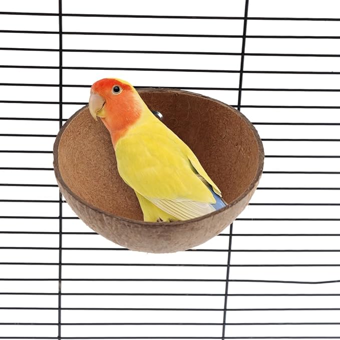 VTurboWay 2 Pack Bird Nest Natural Coconut Shell Parrot Nest Finch House Canary Bed Hatching Nest Breeding Nesting for Cage Sleeping Bird Bed