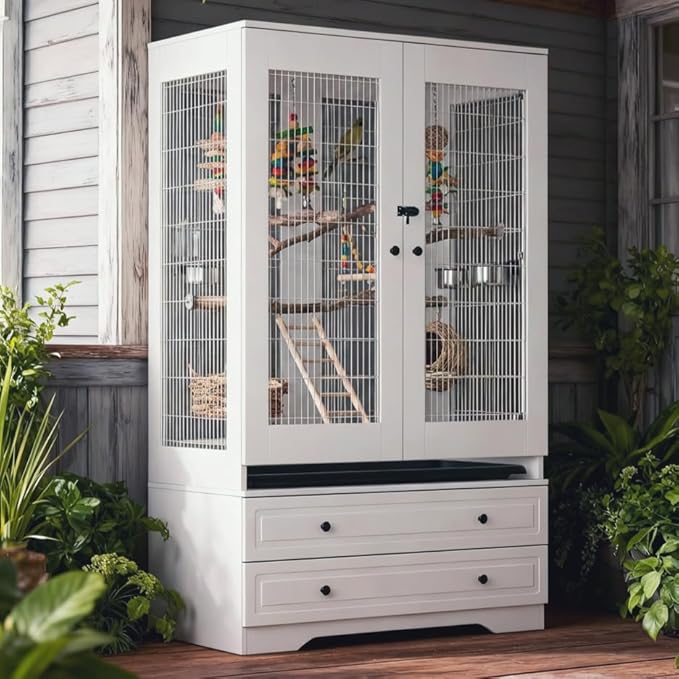 Large Bird Parakeet Parrot Cockatiel Cage, Tall Big Bird Flight Cages with 2 Drawers, a Removable Tray, Metal Grid Doors and a Robust Lock for Finch, Conure, Budgie, Macaw, Canary, White