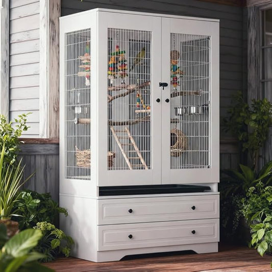 Large Bird Parakeet Parrot Cockatiel Cage, Tall Big Bird Flight Cages with 2 Drawers, a Removable Tray, Metal Grid Doors and a Robust Lock for Finch, Conure, Budgie, Macaw, Canary, White