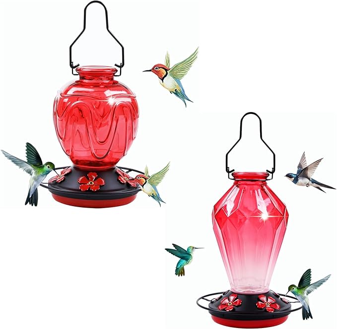 MCHBF Glass Humming Bird Feeders for Outdoor Hanging,Red 24oz and 25oz