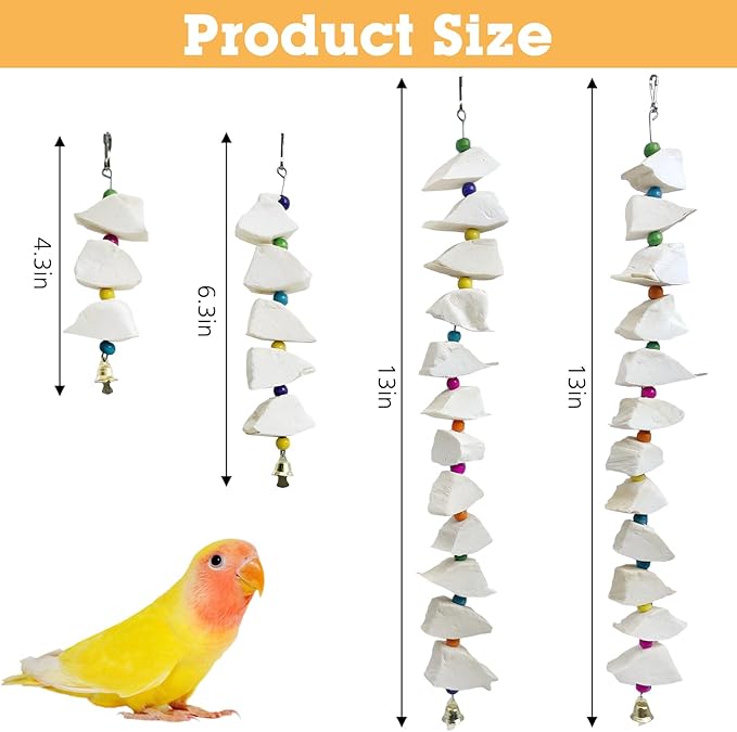 BNOSDM Bird Toys with Cuttlebone 4 Pack Hanging Cuttle Bone Chew Toys Natural Bird Beak Grinding Stone Parakeet Calcium Toys Bird Cage Accessories for Budgies Cockatiels Lovebirds Conures Parrots (12)