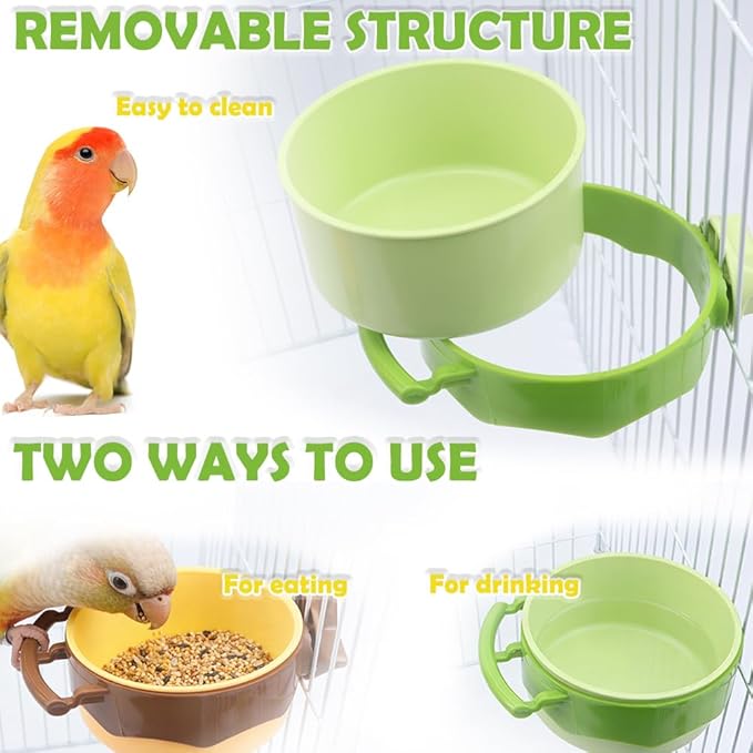 2 Pack Bird Cage Feeder Plastic Feeding Dish Detachable Components for Bird Parrot Parakeet African Grey Conure Cockatiel Lovebird (Green and Yellow)