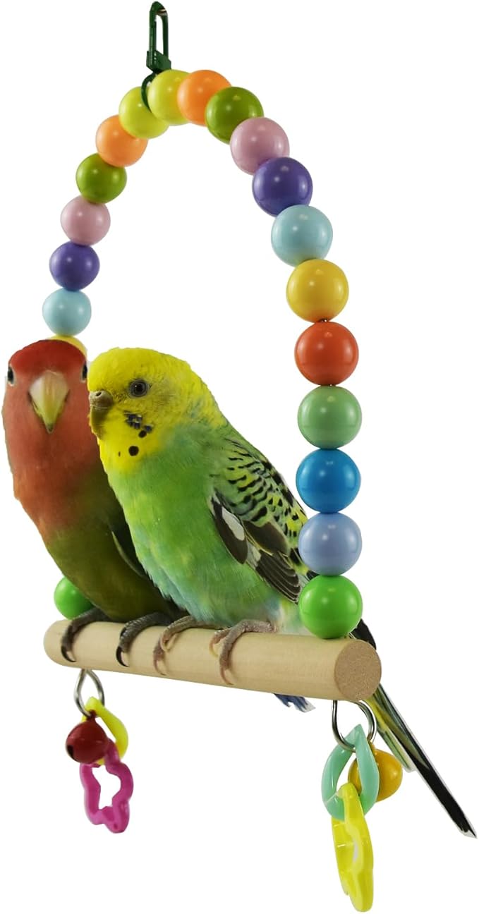 Large Bird Swing for Cage Parrot Wooden Perch Stands Cockatiel Hanging Toy with Bell Parakeet Colorful Beads Climbing Training Toys Playground Birdcage Accessories for Macaws Quaker Conures Lovebirds
