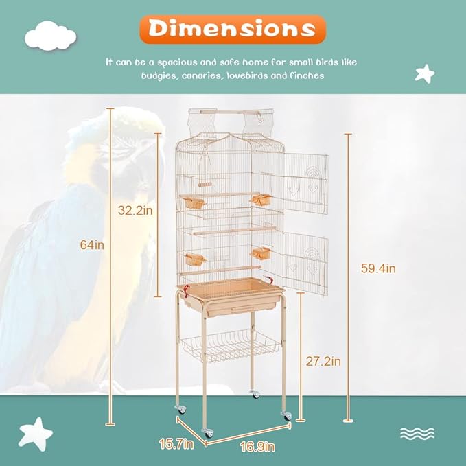 BestPet 64 inch Wrought Iron Bird Cage for Parakeets Medium Small Parrots Parakeet Cage with Detachable Rolling Stand & Play Open Top for Cockatiels Lovebird Finches Canaries (Almond)