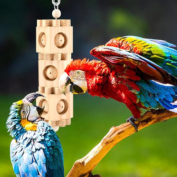 2Pcs Bird Chew Toys for Beak Grinding, Hanging Rotating Wood Block with Bell, Birds Cage Chewing Playing Training Toy for Cockatoos, Macaws, African Grey, Conures, Lovebirds(Wood)