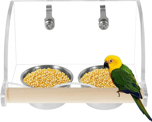 Bird Feeder for Cage,Transparent Parrot Feeder with Nonslip Wood Perch, Stainless Steel Birds Food Bowl Water Bowl, Bird Cage Seed Catcher for Small Medium Parakeet Cockatoos Lovebirds Budgies Conures