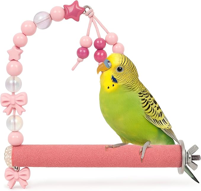 Bird Parrot Perch with Beads and Bow Chew Toy,Cage Platform Toy and Exercise Accessories for Budgies Parakeets Cockatiels Conures and Lovebirds (Pink)