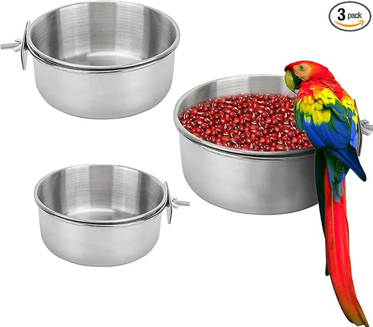 Bird Feeding Dish Cups 3 Pack Parrot Food Bowl Cage with Clamp Holder Stainless Steel Birdcage Coop Water Feeder for Cockatiel Conure Budgies Parakeet Macaw Finches Lovebirds Small Animal (S+M+L)