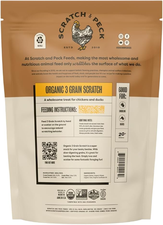Scratch and Peck 3 Grain Scratch Chicken and Duck Supplemental Grain - 10 lbs Bag - Corn-Free and Soy-Free - 9.8% Protein, Certified Organic and Non-GMO Project Verified Chicken Food