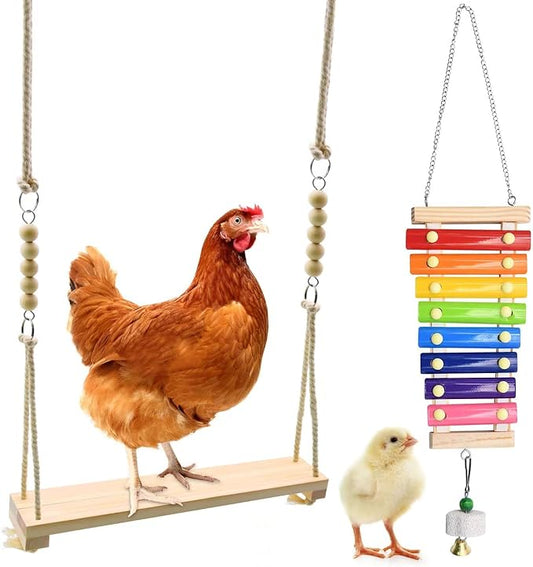 Swing Toys Xylophone, 2pcs Chicken Toys for Poultry Run, Rooster Hens Chicks Pet Parrots Macaw Entertainment, Stress Relief for Birds