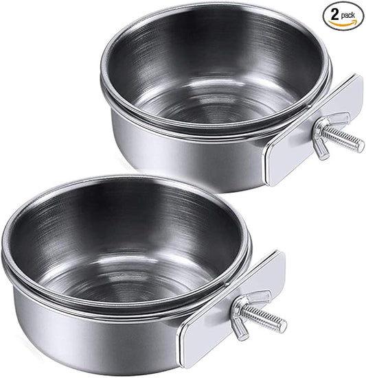 PINVNBY Parrot Feeding Cups Birds Food Dish Stainless Steel Parrot Feeders Water Cage Bowls with Clamp Holder for Cockatiel Conure Budgies Parakeet Parrot Macaw Small Animal Chinchilla Pack of 2