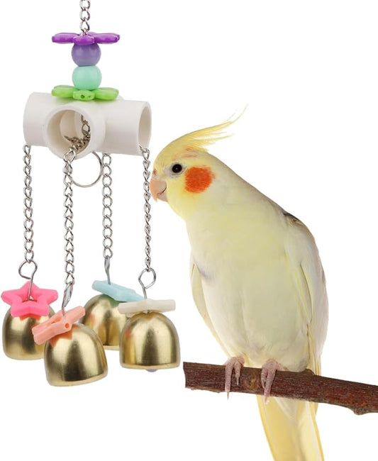 Hypeety Bird Bells Toy Hanging Cage Bell with Sweet Sound Colorful Wood Beads Bells for Lovebirds African Greys Cockatoo Macaw Parakeet Cage Hanging Perch Toy (Bell Toy-4 Bells)