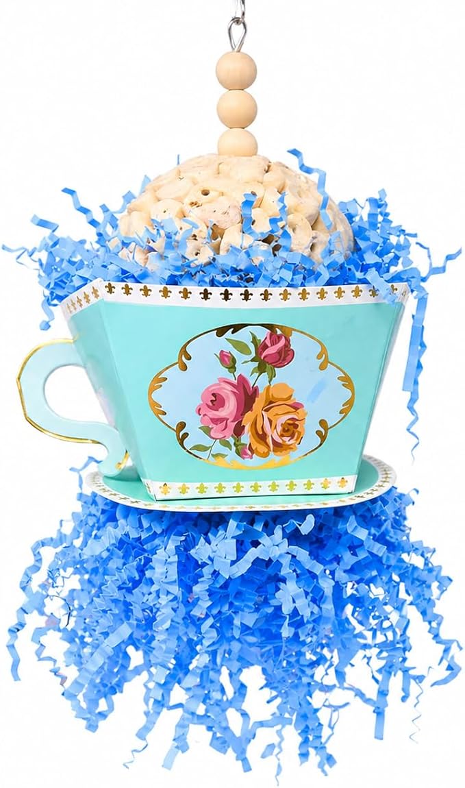 Bonka Bird Toys 2447 Blue Sola Teacup 8" x 4" Natural Sola Ball Cardboard Tea Cup Wood Beads for Caiques Conures Quakers Ringnecks and Similar Bird Chewing Toy