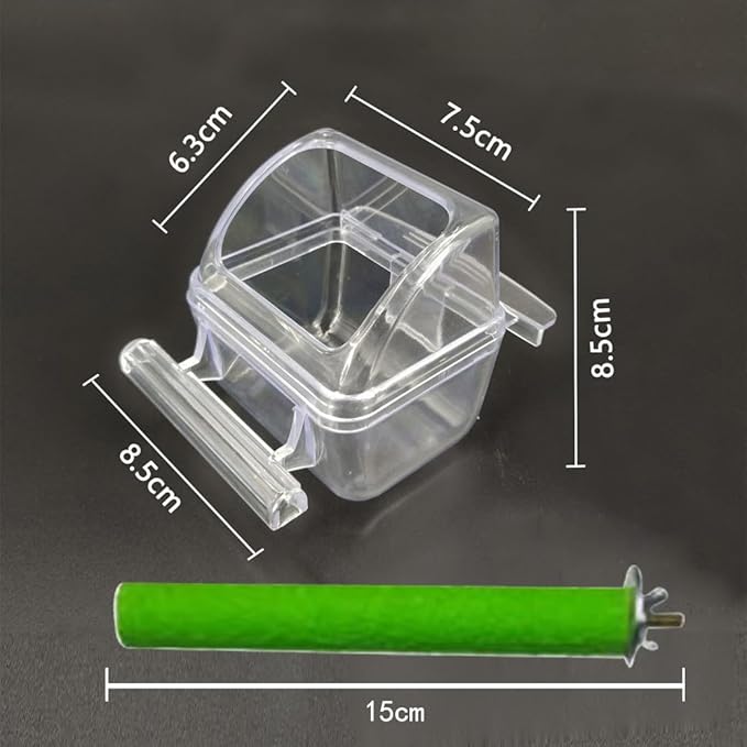 2 Pack Bird Cage Feeder – Clear Water Bowl & Food Container with Perch | No Mess Design for Parakeets, Bird Cage Accessories for Clean Feeding