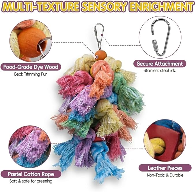 Bird Preening Toy - Natural Cotton Rope & Wood Blocks to Support Feather Health, Safe Screw-Link Enrichment Hanging Toy for Cockatiels, Conures, Parakeets,Lovebirds