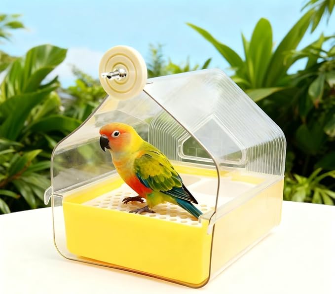 4-in-1 Bird Bath & Feeder for Cage | Easy-Clean Pull-Out Drawer, Leakproof & Transparent Pool | Hanging House & Poop Perch | Parakeets, Lovebirds, Finches