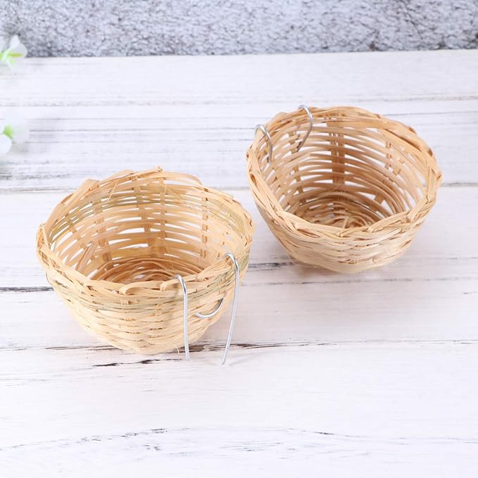 Ipetboom 2Pcs Bird Nest, Bamboo Bird Cage with Hook Finch Nest Hut House Hatching Breeding Cave for Canary Swallow Finch Parakeet Cockatiel, 10x10x6cm
