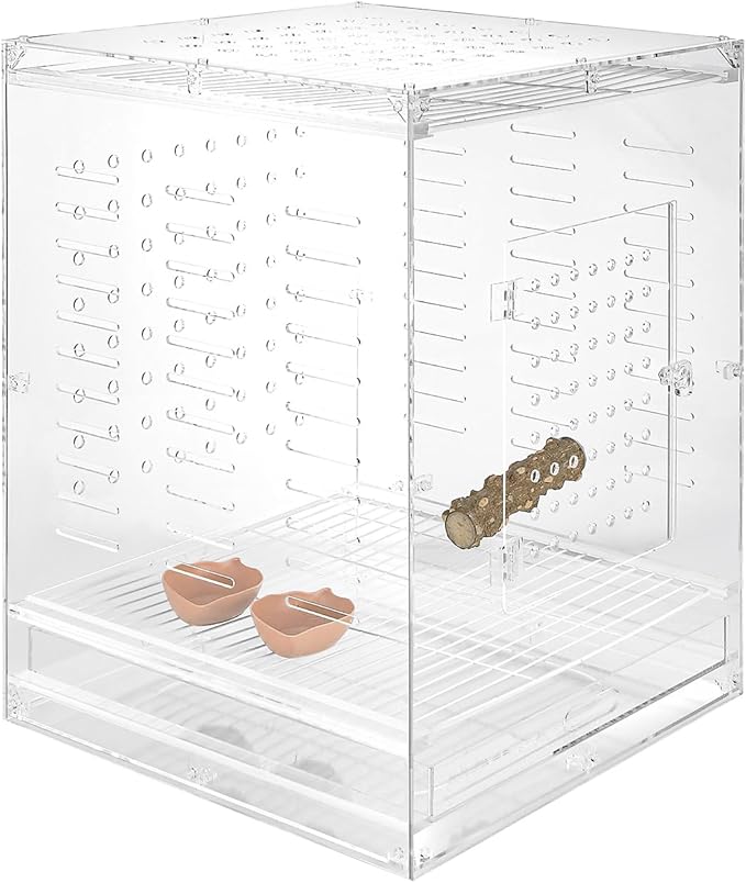Clear Acrylic Bird Cage for Small Birds, Transparent Display Habitat for Canary, Parakeet - Easy to Clean & Assemble (18x20x24in)
