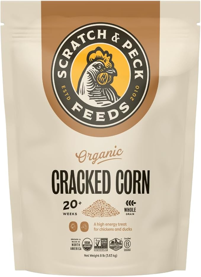Scratch and Peck Cracked Corn Chicken, Duck and Livestock Supplemental Grain - 8 lbs Bag - 7.5% Protein, Certified Organic and Non-GMO Project Verified Chicken Food