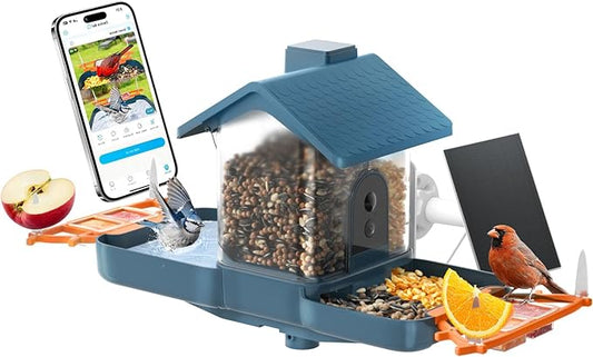 Bird Feeder with Camera & Bird Bath for Outdoors, 2K HD Dual-Lens Smart Feeder Solar Powered, AI Bird Identification, Instant Alerts, IP66 Weatherproof for Outside Bird Watching