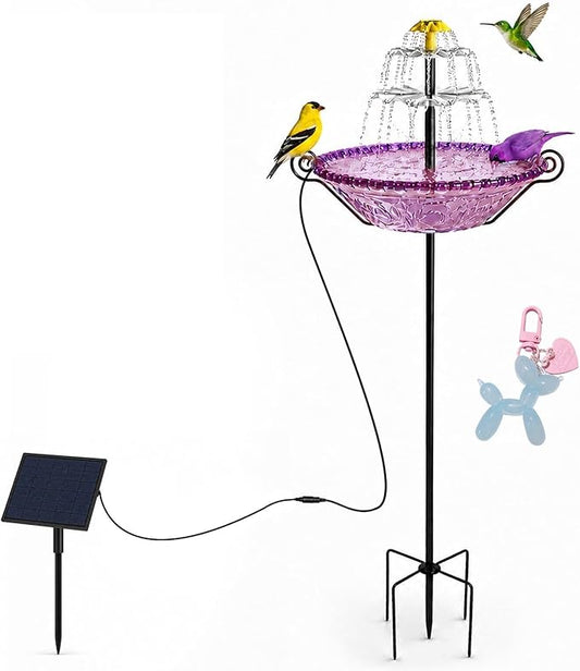 Bird Bath for Outside with Solar Fountain, Plastic Bowl on Metal Stake and Ground Stand, Freestanding Garden Accent for Yard and Patio (Purple(L))