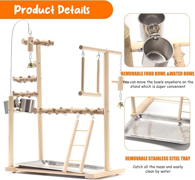 Parrot Bird Playground,Bird Play Gym Wood Perch Stand with Feeder Cups & Tray,Exercise Activity Center with Ladder Swing Bells,Bird Cage Accessories for Lovebirds Cockatiel Parakeet