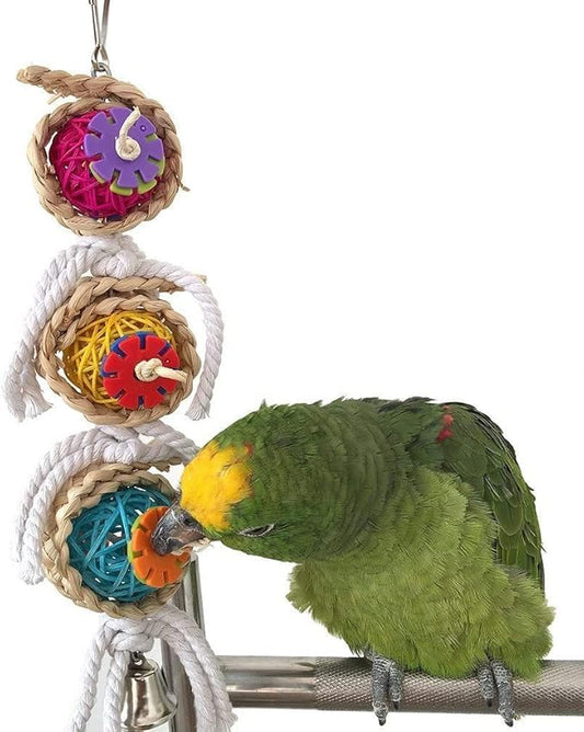 Litewoo Bird Chew Bell Toy Natural Straw Rattan Colorful for Parakeet Cockatiel African Grey Quaker Cockatoo Lovebird Caique Amazon Budgie Cage Accessories