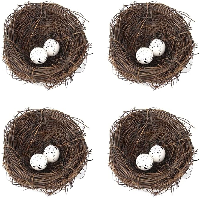 Artificial Birds Nest, 4 Set Handmade Natural Rattan Nest Decor with Foam Eggs for DIY Crafts Garden Yard Home Party Easter Decoration