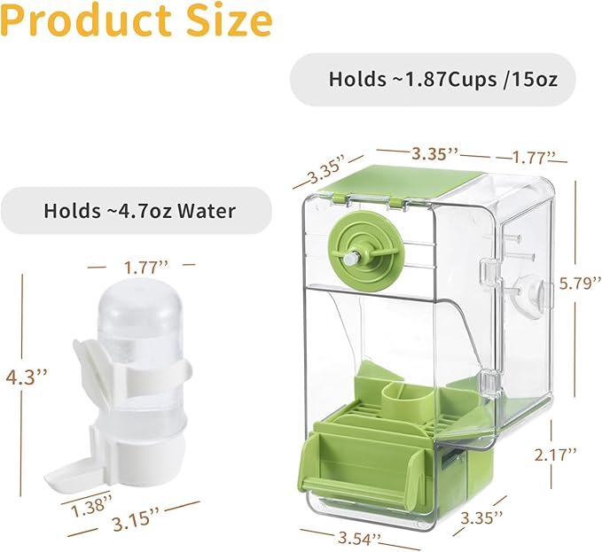 No Mess Bird Feeder with Veggie Skewer and Water Bottle Set, 15oz Feeder with Seed Hull Catcher + 4.7oz Leak-Proof Dispenser, Cage Accessories for Cockatiels, Conures, Parakeets, Lovebirds (Green)
