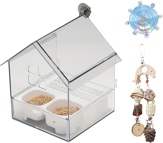 Pull-Out External Parrot Feeder & Bird Bath for Cage - Transparent Easy-Fill Feeder House, Convenient Feeding & Watching for Parrots, Finches, Hummingbirds and Small Birds